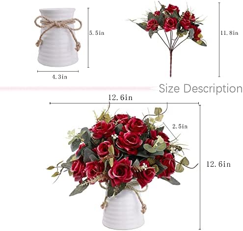 LESING Artificial Flowers in Vase Silk Rose Flower Arrangements Fake Faux Flowers Bouquets with Ceramics Vase Table Centerpieces for Dinning Roon Table Kitchen Decoration (Rose Red)