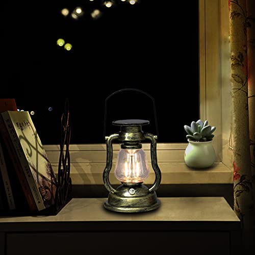 Mecakuca Led Vintage Lanterns Solar Old Hurricane Lantern Waterproof,Antique Metal Hanging Lantern Lamp For Indoor Table Outdoor Camping Lighting,Gold #TOP4