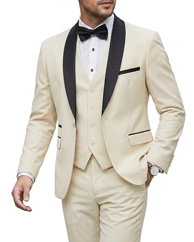 Image of MY'S Mens 3 Piece Tuxedo Set with Bow Tie, Shawl Lapel One Button Jacket Vest & Pants, Slim Fit Suit Prom Party Wedding Tux