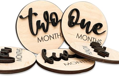 Image of Baby Monthly Milestone, Wooden Baby Milestone Signs, Monthly Milestone Wood Discs, Baby Milestone Discs (3D Black)