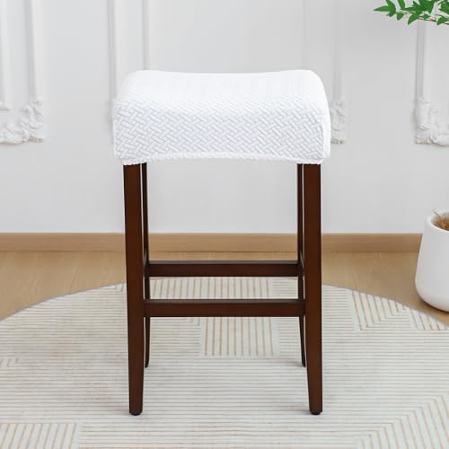 Image of Waterproof White Bar Stool Covers Set of 2 Rectangle Jacquard Stretchable Backless Barstool Seat Cover Counter Bar Stool Slipcovers Washable