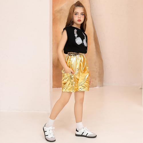 Perfashion Metallic Cargo Shorts for Girls Boys Y2K Multi-Pocket Shorts Streetwear Skater Shorts 4-13Y2