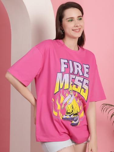 Image of Preneum Women's Cotton Cool Graphic Printed Baggy Fit Drop-Shoulder Sleeves Cotton Oversized T-Shirt