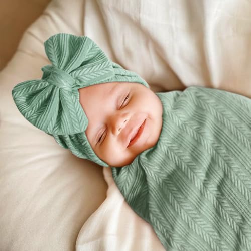 Image of AQOKKA Baby Swaddle Blankets with Bow Hat Mittens Set Wheat-Pattern Infant Receiving Blankets Swaddles for Newborns Unisex Toddler Swaddle Wrap Sets for Baby Girls Boys Nursery Warm Shower Gift