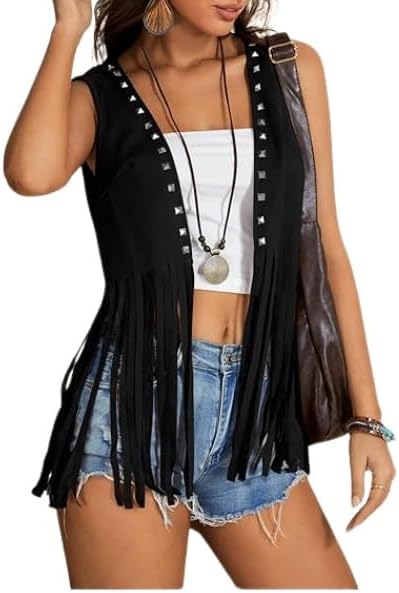 GORGLITTER Women's Western Fringe Vest Country Cowgirl Outfits 70s Hippie Faux Suede Tassel Jacket Cardigan