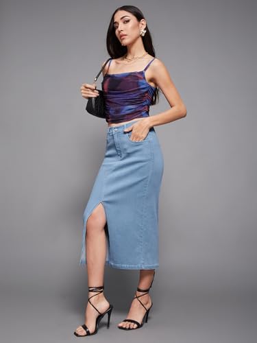 Image of Miss Chase Women's Regular High Rise Above Knee Stretchable Denim Skirt