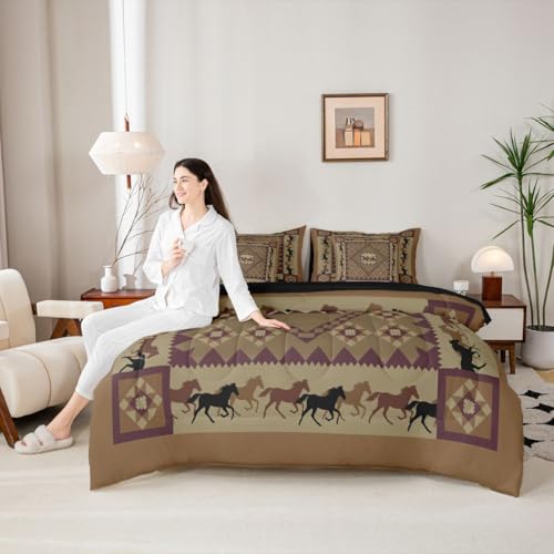Image of Erosebridal Western Full Size Bed Sheets and Comforter Set | Vintage Tribal Horse 7-Piece Bedding Set Cowboys Gifts Geometric Aztec Bed in a Bag, Brown Diamond Checkered Buffalo Plaid Bed Sets