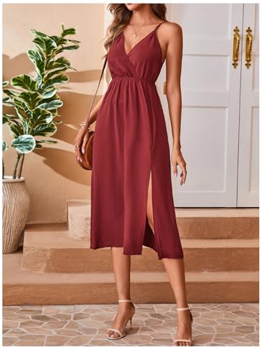 Image of SweatyRocks Women's Tie Backless Split Midi Dresses Sleeveless V Neck Textured Summer Dress