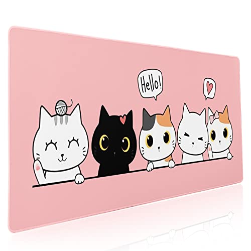 Tapis de souris de jeu avec chat mignon, XXL, chaton kawaii, grand sous-main étendu, base en caoutchouc antidérapant, bord cousu, long tapis de souris pour...