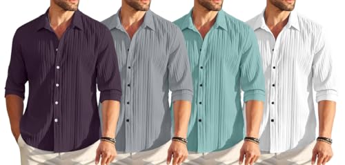 Image of FINIVO FASHION Combo of Men's Casual Cotton Plain Button Down Shirt Long Sleeve Textured Summer Beach Shirt for Men Pack of 4