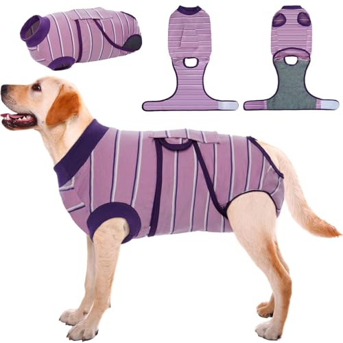 Image of Kuoser Dog Surgery Recovery Suit, Soft Breathable Dog Recovery Suit for Female Spay Male Nueuter, Anti Licking Puppy Onesie Pet Surgical Suit for Dogs Abdominal Wounds Skin Disease, Purple Strips 2XL