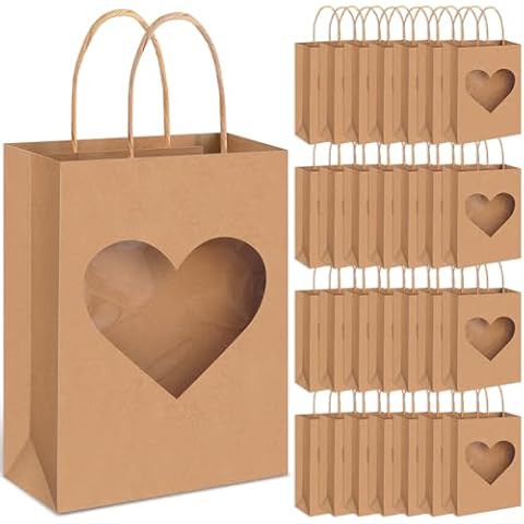 Eersida 24 Pcs Valentines Gifts Bags with Heart Window Kraft Paper Bags with Handles Goodie Treat Bags 8.27 x 5.91 x 3.15 Inch Brown Candy Bags for Valentine's Day Wedding Birthday Party Supplies Cover