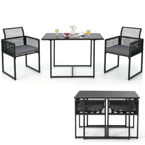 COSTWAY Conjunto Jardin Exterior de 3 Piezas, Conjunto Mesa y sillas Jardin de Ratán PE, Respaldo Plegable, Cojines Extraíbles, Mesa de Cristal Templado, Patio Jardín Terraza