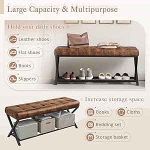 LUE BONA 445 End of Bed Bench with Shelf Linen Tufted Upholstered Storage Shoe Bench Modern Bedroom Bench with Metal Legs for Living Room Entryway Dining Room 300 LB Yellowish Brown