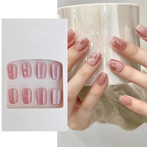 S.A.V.I 24 Pcs Nude Pink Cat Eye Fake Nails, Short Square Shape with Heart Design, Natural-Look Press-On Nail Kit for Women & Girls, DIY Manicure Set, Easy to Apply & Long-Lasting Deal