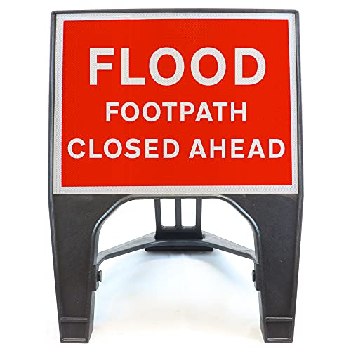 Flood Footpath Closed Ahead 600x450mm Road Sign - Plastic Temporary Road Street Traffic Safety Sign for Road and Street Works - Freestanding with Reflective Sign Face