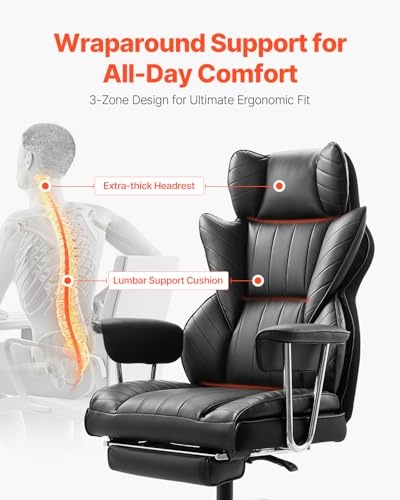 Image of VEVOR Executive Office Chair with Footrest, 400lb Capacity Oversize Office Chair with Lumbar Pillow & Removable Armrests, Heavy Duty Ergonomic Chair, PU Leather Reclining Home Office Desk Chair, Black