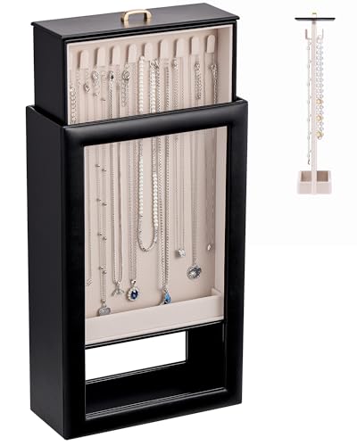 Lolalet Upgraded Double-Sided Hanging Necklace Organizer Box Jewelry Display Case with Double-Sided Clear Window for Necklaces Bracelets Tangle-Free Necklace Storage Box Black 1-Layer 20 Hooks