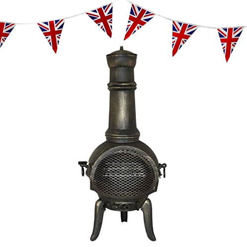 Cast Iron Chiminea Outdoor Garden Patio Heater Log Fire Pit Burner Wood Chimney Chimenea BBQ Spark Guard FREE Poker Barbeque Toasting Rack & 10m Union Jack Bunting 25 Double Sided Flags