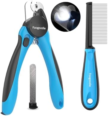Foogoodie Dog Nail Clippers with Light, 2 in 1 Dog Nail Trimmers with Safety Guard & Quick Sensor to Prevent Over-Cutting, Includes Pet Grooming Comb & Nail File, Ideal for Cats & Dogs