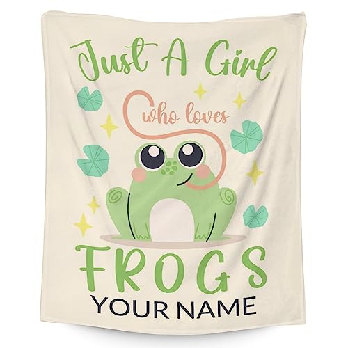 Personalized Frog Blanket Gifts with Name - 60x80 Inches Cute Throw for Girls - Green Soft Fuzzy Blankets for Bed, Couch & Living Room