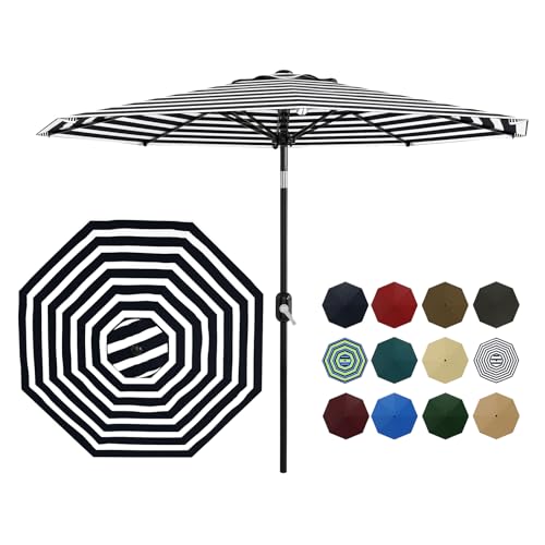 9Ft Patio Umbrella - 8 Sturdy Ribs Outdoor Table Umbrella with Crank Lift & Push Button Tilt - Market Umbrella for Pool, Deck, Yard, Garden - Black & White Stripe