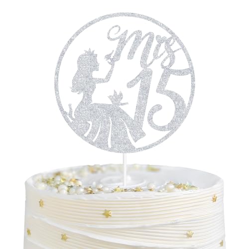 GJdundun Mis Quince 15 Cake Topper, Mis Quince Años, Feliz 15 Años, Cheers to 15 Years, Happy 15th Birthday Party Decorations for Girls, Silver Glitter