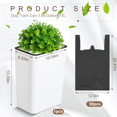Image of Jingmore Dog Poop Trash Can Outside 3.96 Gal /15 L Plant Styled Dog Waste Trash Can with Lid 50 Waste Bags Outdoor Indoor Poop Container Slim Garbage Bin for Yard Garden Pet (White)