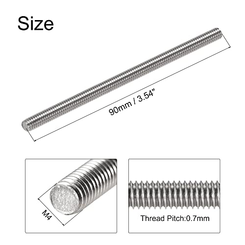 sourcing map 5 Stück M4 x 90 mm Vollgewindestange 304 Edelstahl Rechtsgewinde, M4-0.7 Gewindesteigung