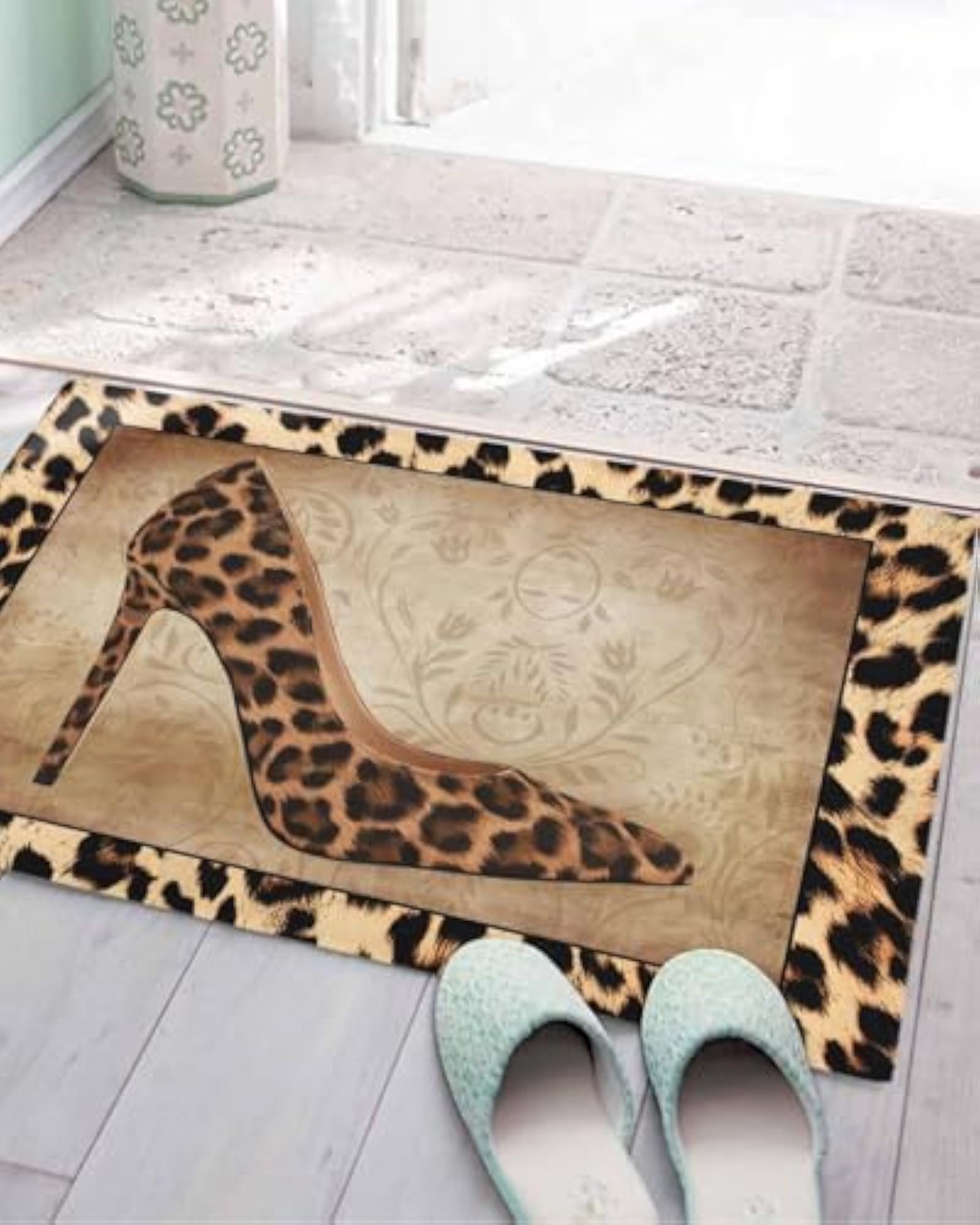 Leopard Print Shag Carpet Bath Rug, Non-Slip