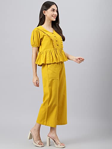 Image of DEEBACO Women's Solid Calf Length Top with Trouser|V-Neck|Short Sleeve|Cord Set for Women Cotton|Jumpsuits Western Dress for Women Stylish|Two Piece Co ord Set|Party Casual Wear(Aqua Blue)