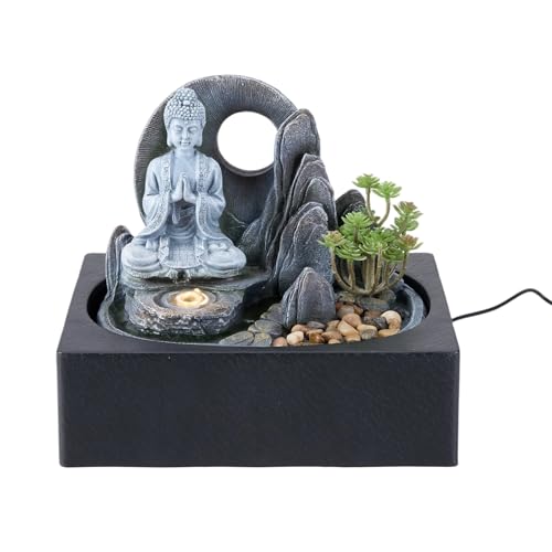 BTGGG Indoor Water Fountain Stone Buddha with LED Light, Indoor Water Feature with Decorating Rocks Plants, Table Top Meditation Zen Buddha Fountain Relaxing Home Decor, 3 Pin UK Plug Included