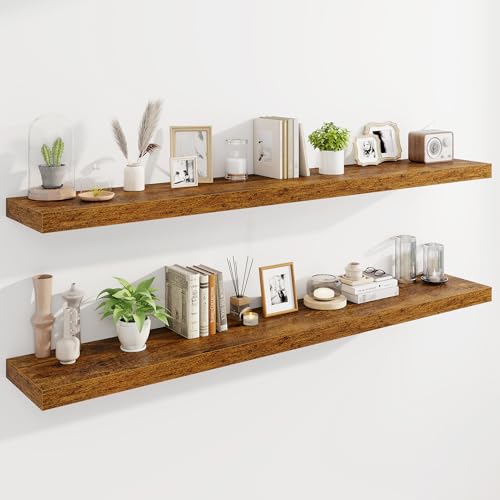 Image of Marsmiles 72 inch Floating Shelves for Wall, Wooden Shelves with Invisible Brackets Set of 2, Rustic Farmhouse Wall Mounted Shelf for Kitchen Bathroom Living Room Study, Rustic Brown