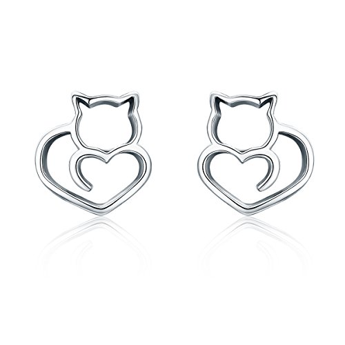 TIZU Mädchen Ohrringe 925 Sterling Silber Post Hypoallergene Schraubverschluss mit Sicherheit ohrstecker versch Ohrringe für Kinder Mädchen Damen Schmuck Geschenke (Herz Katz)