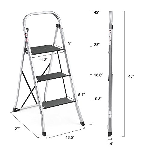 Delxo Lightweight Aluminum 3 Step Ladder Step Stool Single-Hand Carry Ladder with Handgrip Anti-Slip Sturdy and Wide Pedal Multi-Use for Household and Office Portable Step Stool 300lbs