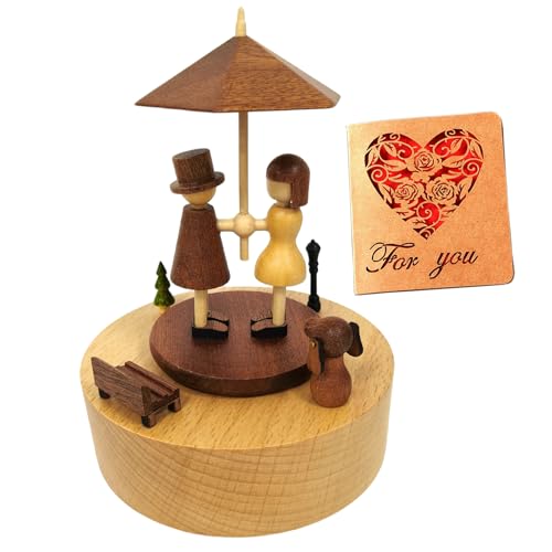 Briskfeel Wooden Music Box with Rotating Couple Holding up an Umbrella - Plays You are My Sunshine Mechanical Musical Box - Gift for Birthday, Valentine's Day, Wedding, Anniversary