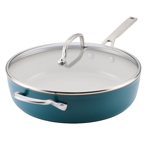 KitchenAid Hard Anodized Ceramic Induction Nonstick Cookware Saute Pan/Jumbo Cooker with Lid and Helper Handle, Dishwasher Safe, 5 Quart Non Stick Sauteuse with Stainless Steel Handles - Agave Blue