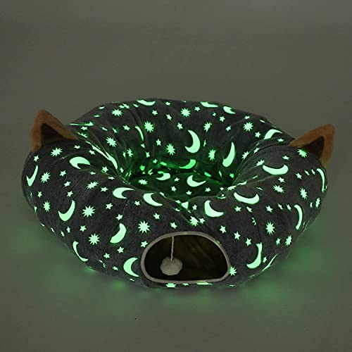 Luckitty Cat Tunnel Bed Tube With Cushion And Plush Ball Toy Playground Crinkle Collapsible Self-Luminous Flannel Fabric 3Ft For Large Cats Kittens Kitty Small Animals Puppy Grey Moon Star #TOP2