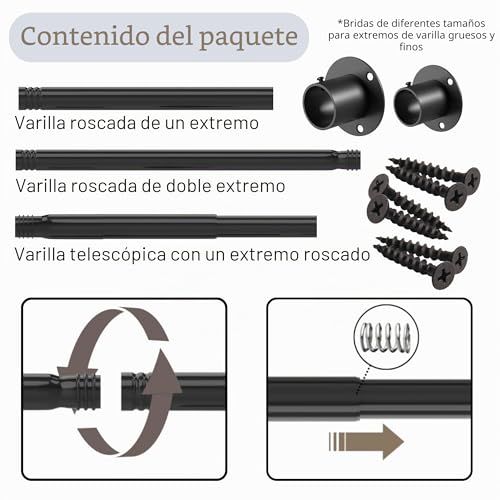 Miniatura 3 de Venwemong - Tringle De Armario Extensible De Acero Inoxidable Con Casquillos De Fijación Para Armario Y Vestidor, Negro, Diámetro 25 Mm
