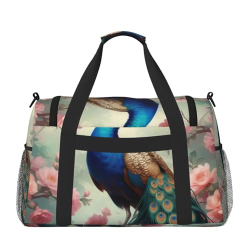 Beautiful Peacock and Floral Print Travel Duffle Bag - Foldable Personal Item Travel Bag for Women & Men,13x10.2x19.72