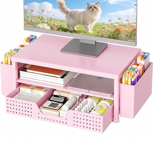 OPNICE Desk Organizers and Accessories, 2-Tier Computer Monitor Stand Riser with Drawer and 2 Pen Holders, Laptop Stand, Office Desk Accessories for Office Supplies, Pink by OPNICE - Used condition - US$22.78