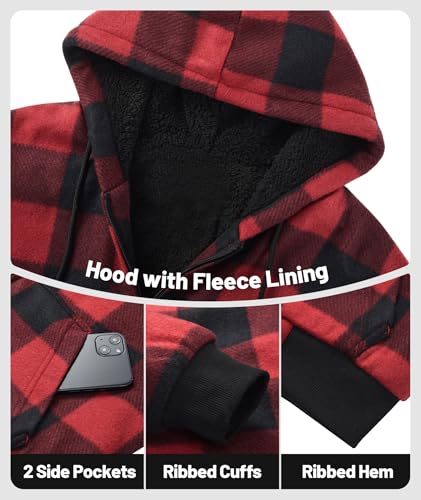 geeksport Fleecejacke Herren Sweatjacke Männer mit Kapuze Warme Kapuzenjacke Gefüttert Winterjacke Kariertes Hoodie mit ReißVerschluss, 0569-Rot L