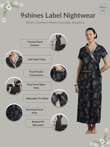 Image of 9shines Label Stylish Cotton Nighty Robe for Women | Front Open Floral Housecoat | Wrap Nighty with Pocket | Adjustable Waist Tie | Plus Size housecoat (HC-2026)