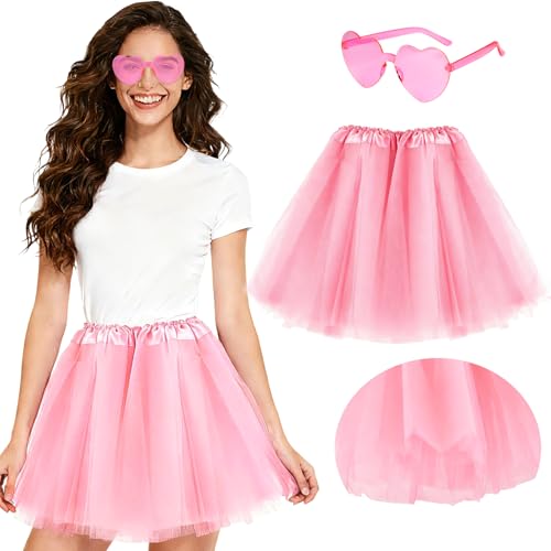 PLULON Pink Tutu 5 Layers Skirt for Women with Heart Sunglasses Fairy Puffy Tutus 80s Retro Tulle Skirts for Halloween Costume Cosplay Ballet Bachelorette Party Running Fancy Dress Photography