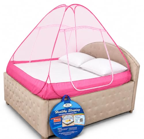 Image of Healthy Sleeping Mosquito Net | Double Bed | Supreme King Size Bed | Foldable Machardani with 2 Side Zipper Opening | Strong 30GSM Polyester Net | PVC Coated Steel Wire (Pink)