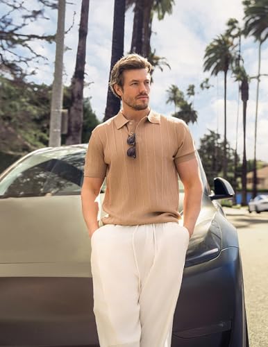 Image of COOFANDY Mens Knit Polo Shirts Short Sleeve Ribbed Textured Polo Shirt Lightweight Casual Golf Shirts Collared T Shirt