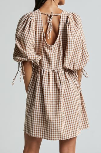 Women's Gingham Puff Sleeve Tie Front Babydoll Mini Dress2