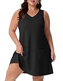 OLRIK Women's Plus Size Summer Dresses Casual V Neck Sleeveless Tank Dress with Pockets A-Line Swing Sundresses Black-3X