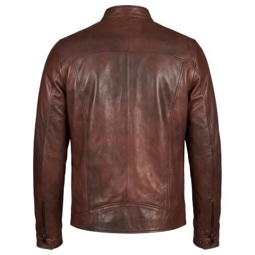 Image of Men Cafe Racer Motorcycle Style Solid Leather Jacket Slim Fit Motorcycle Brown Cafe Racer Leather Jacket
