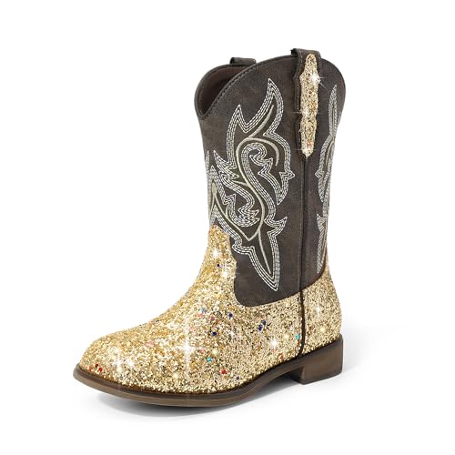 DREAM PAIRS Girls Cowgirl Boots Glitter Toddler Cowboy Boots Child Mid Calf Riding Shoes Party Birthday Dress Up for Toddler/Little/Big Kid 7 Toddler Gold